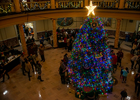 圆形大厅里点亮的圣诞树