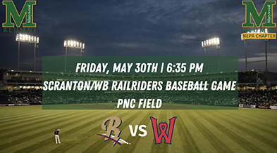 Image of baseball field in background with two marywood logos in the top corners and some text underneath saying Friday, May 30th 6:35 pm Scranton WB Railriders baseball game PNC field then underneath there is a logo for the railriders and a logo for the worcestor red sox with vs in the middle