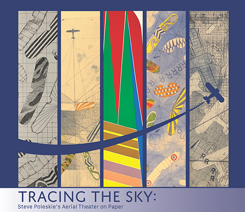 four paintings side by side with plane flying through them