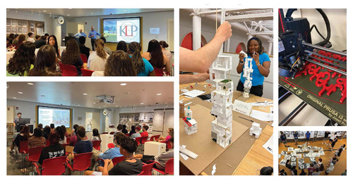 collage of five photos; first two photos on the left show a class from behind being run by professors at the front of the class using a powerpoint, the picture in the middle shows a couple of students trying to build a structure out of pieces of paper, the picture on the top right shows a 3D printer printing out red letters, and the last picture on the bottom right shows an aerial view of students standing in a circle around drawings laying on the floor